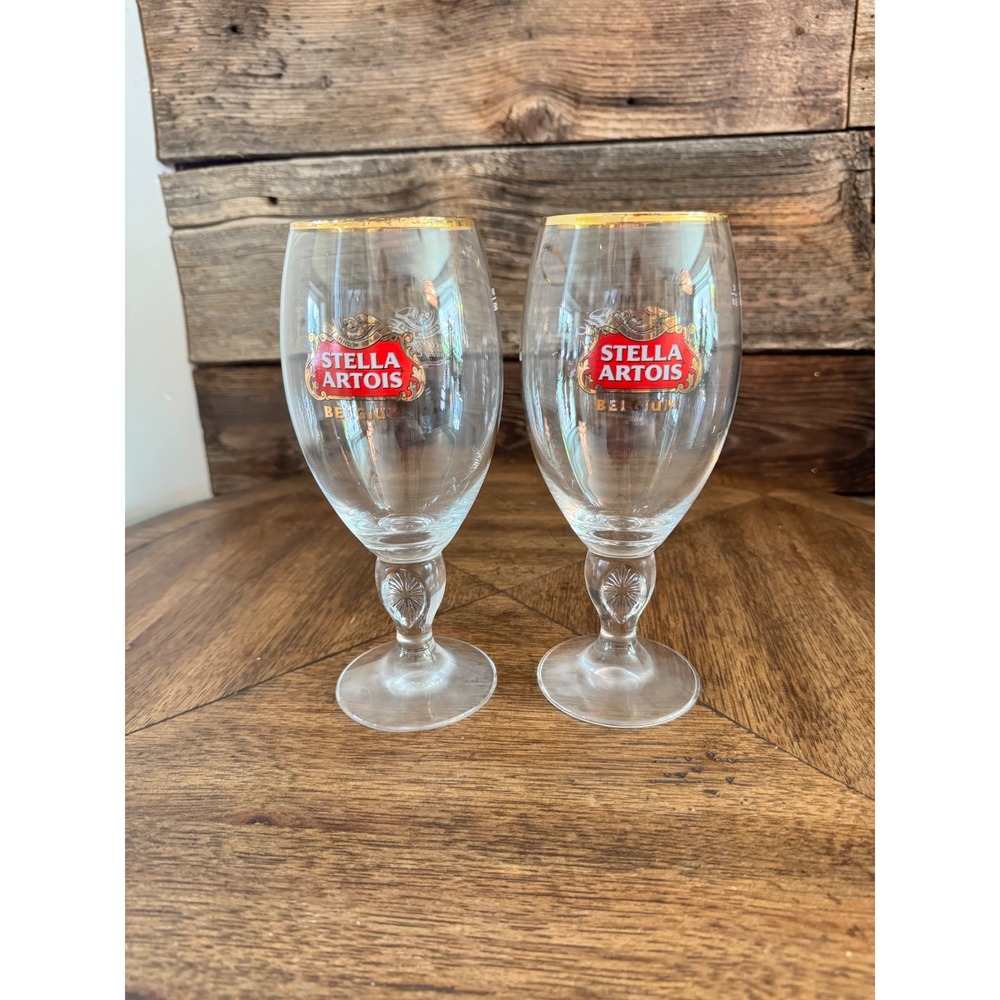 Stella Artois Gold Rim Beer Chalice Glasses Set of 2 Stemmed 33cl Belgium Logo